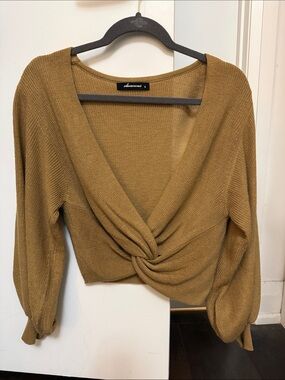 Olivaceous Mustard Knot-Front V-Neck Sweater